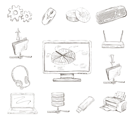 Business computer icons set of workplace desktop printer and wireless network router hand drawn isolated vector illustration sketch