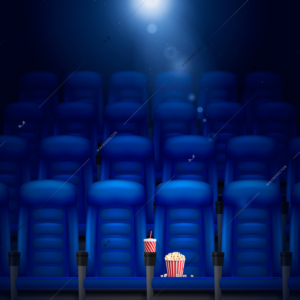 Empty cinema hall realistic background with seats and popcorn vector illustration