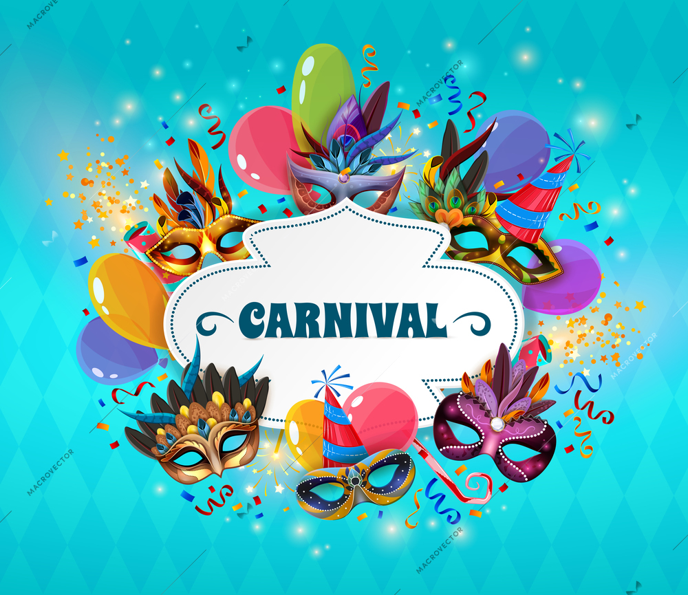 Carnival realistic concept with masks and balloons on blue background vector illustration