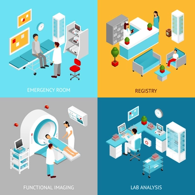 Hospital departments design concept set with registry and lab rooms isometric icons isolated vector illustration