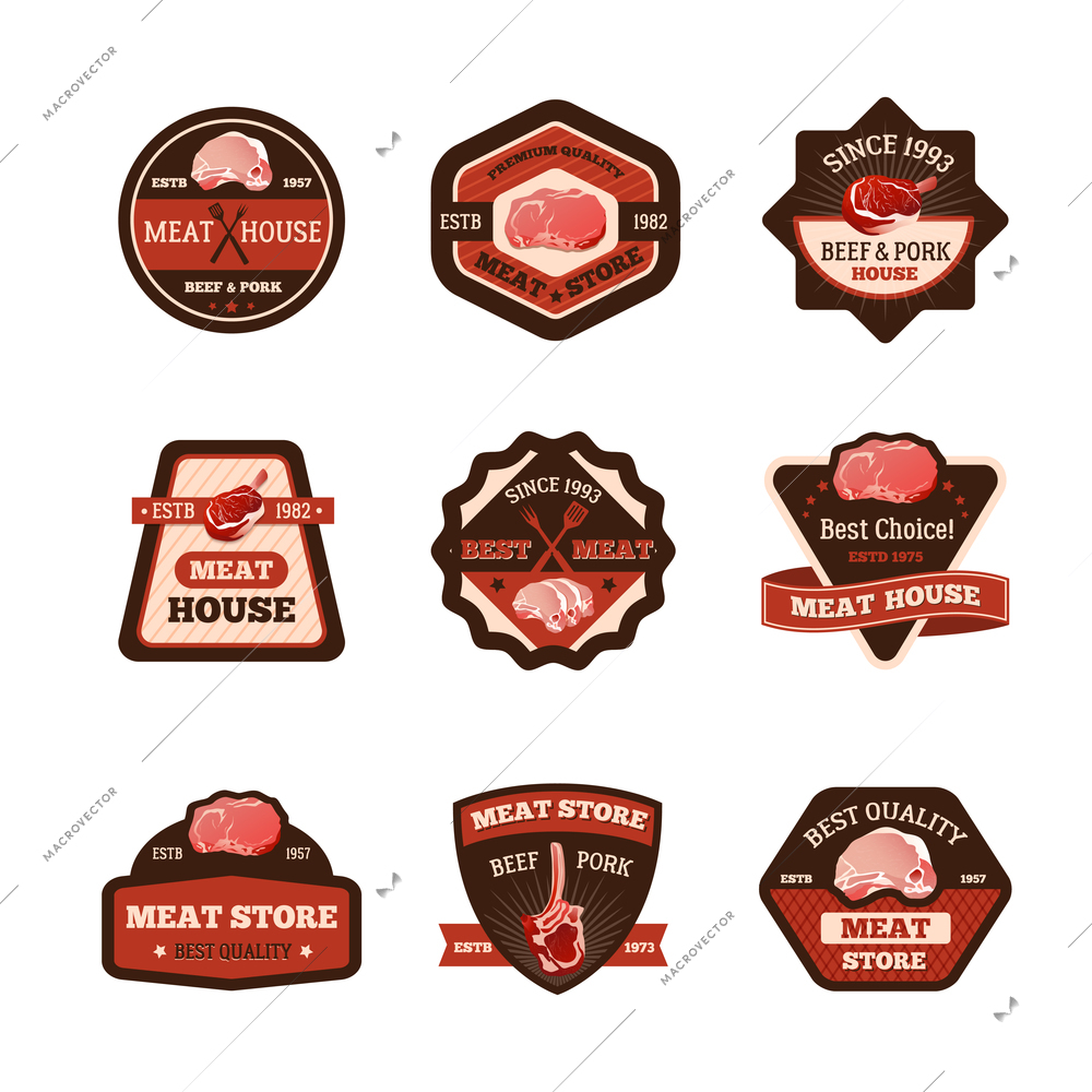 Meat store emblems set with best choice symbols flat isolated vector illustration