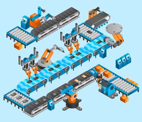 Industrial robot concept with isometric conveyor line and robotic arm manipulators vector illustration