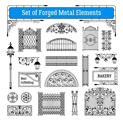 Forged metal elements black white set with gates and street lamps flat isolated vector illustration