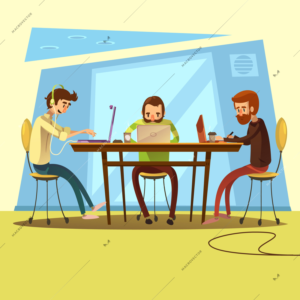 Coworking and business with table and discussion symbols cartoon vector illustration