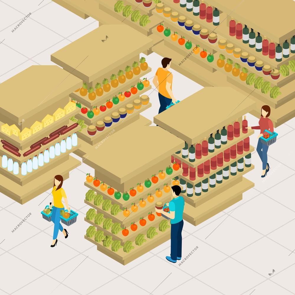 People shopping in a big supermarket with baskets isometric vector illustration