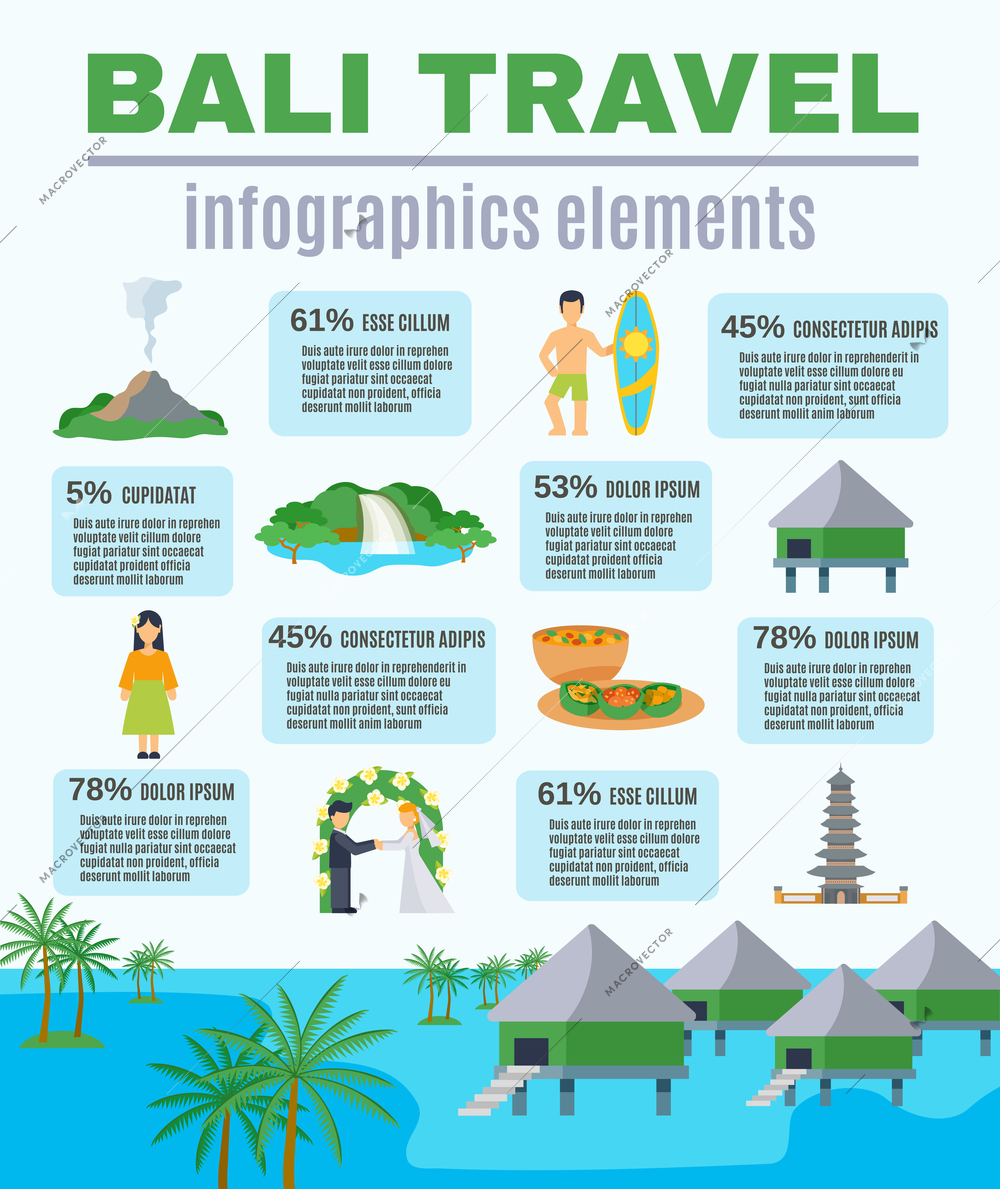 Infographics elements Bali travel with statistics of visits to places of interest vector illustration