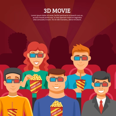 Cinema design concept with viewers watching 3d movie and eating popcorn flat vector illustration