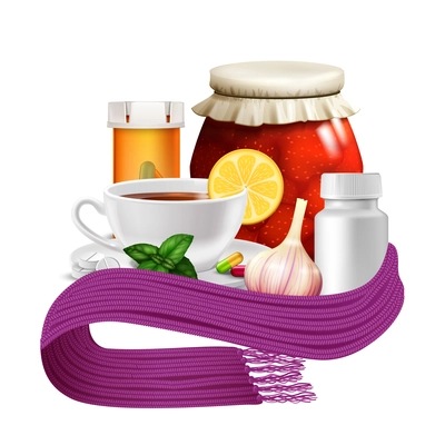 Anti-virus remedies set with realistic tea cup lemon warm scarf and pills vector illustration