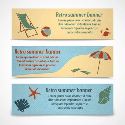 A set of horizontal summer vacation banners with a chaise lounge on the beach a coastline and water with marine animals vector illustration