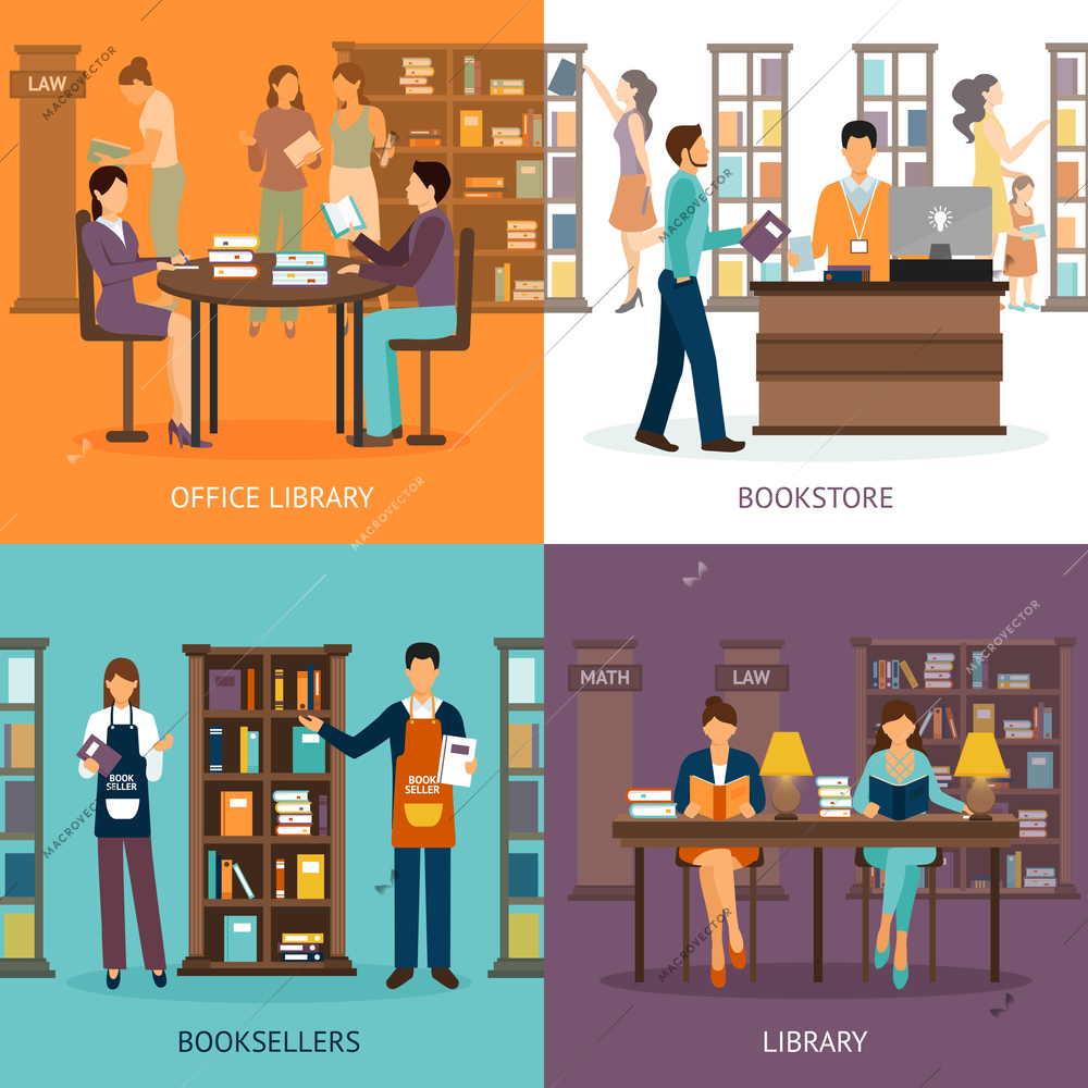 Set of 2x2 images presenting scenes of library services like library bookstore and booksellers flat vector illustration