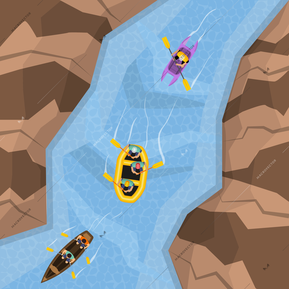 Rafting on river top view with three different boats following each other vector illustration