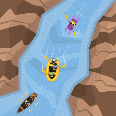 Rafting on river top view with three different boats following each other vector illustration