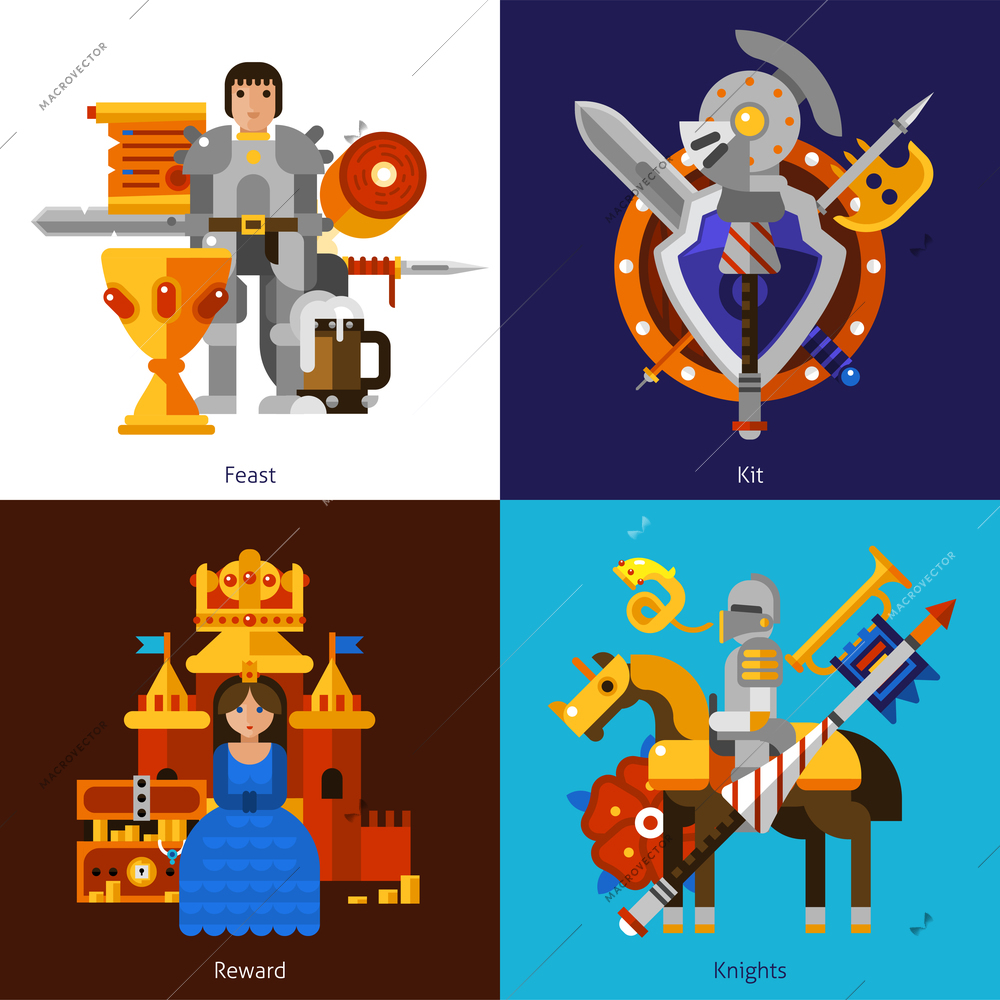 Small flat 2x2 banners with feast reward knights and kit of medieval weapons vector illustration