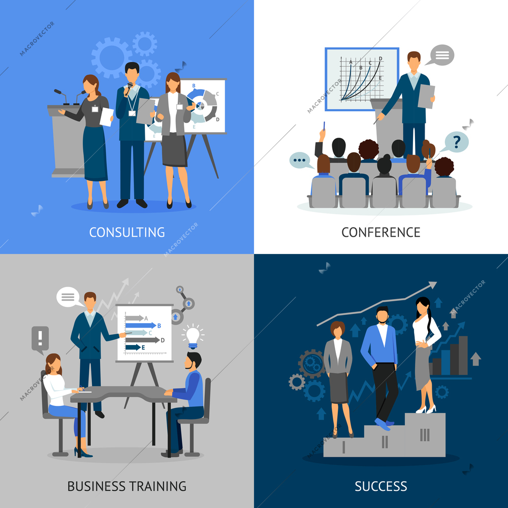 Flat 2x2 images set of business education by consultating conference business training and success vector illustration