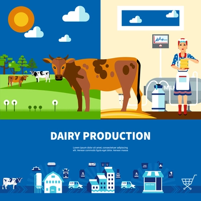 Dairy production set with cows on field milk farm and business presentation isolated vector illustration