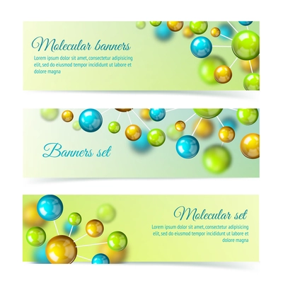 Colored 3d chemistry atomic structure molecule model banner set vector illustration