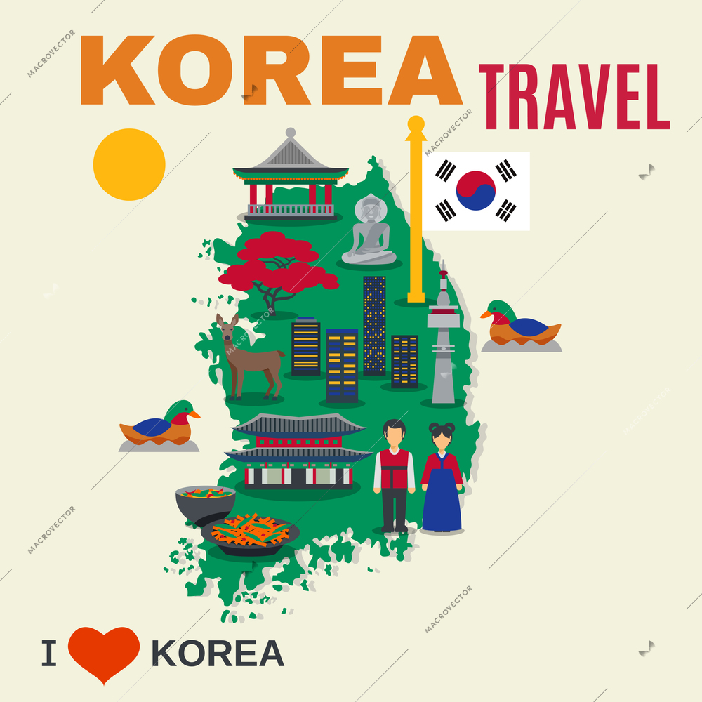 Worldwide travel poster for korea visitors with map and cultural national symbols and landmarks abstract flat vector illustration