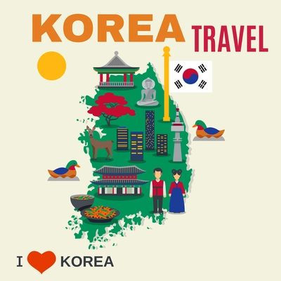 Worldwide travel poster for korea visitors with map and cultural national symbols and landmarks abstract flat vector illustration