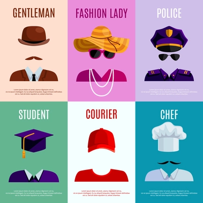 Flat mini posters set of gentleman lady police student courier and chef hats and accessories vector illustration