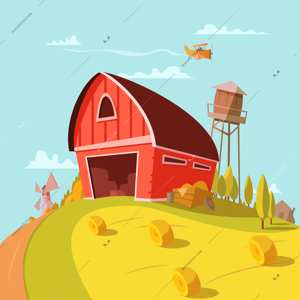 Farm building cartoon background with fields grain and hay vector illustration