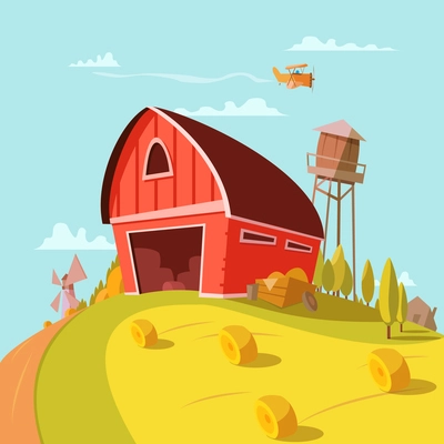 Farm building cartoon background with fields grain and hay vector illustration