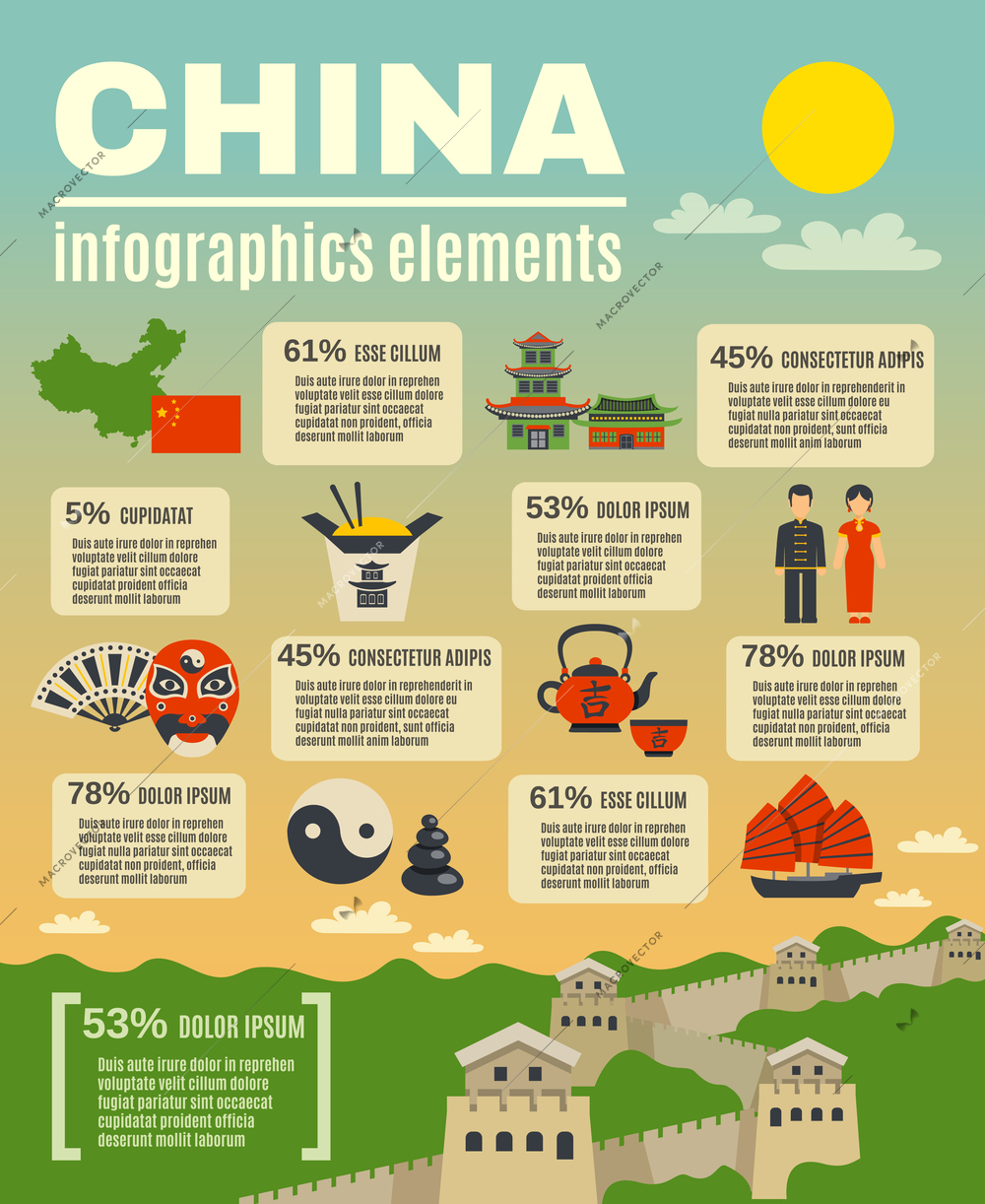Infographic presentation elements composition poster on chinese  cultural traditions rituals food and sightseeing objects abstract vector illustration