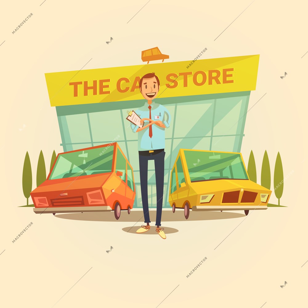 Car dealer and car store cartoon concept with different types of cars vector illustration