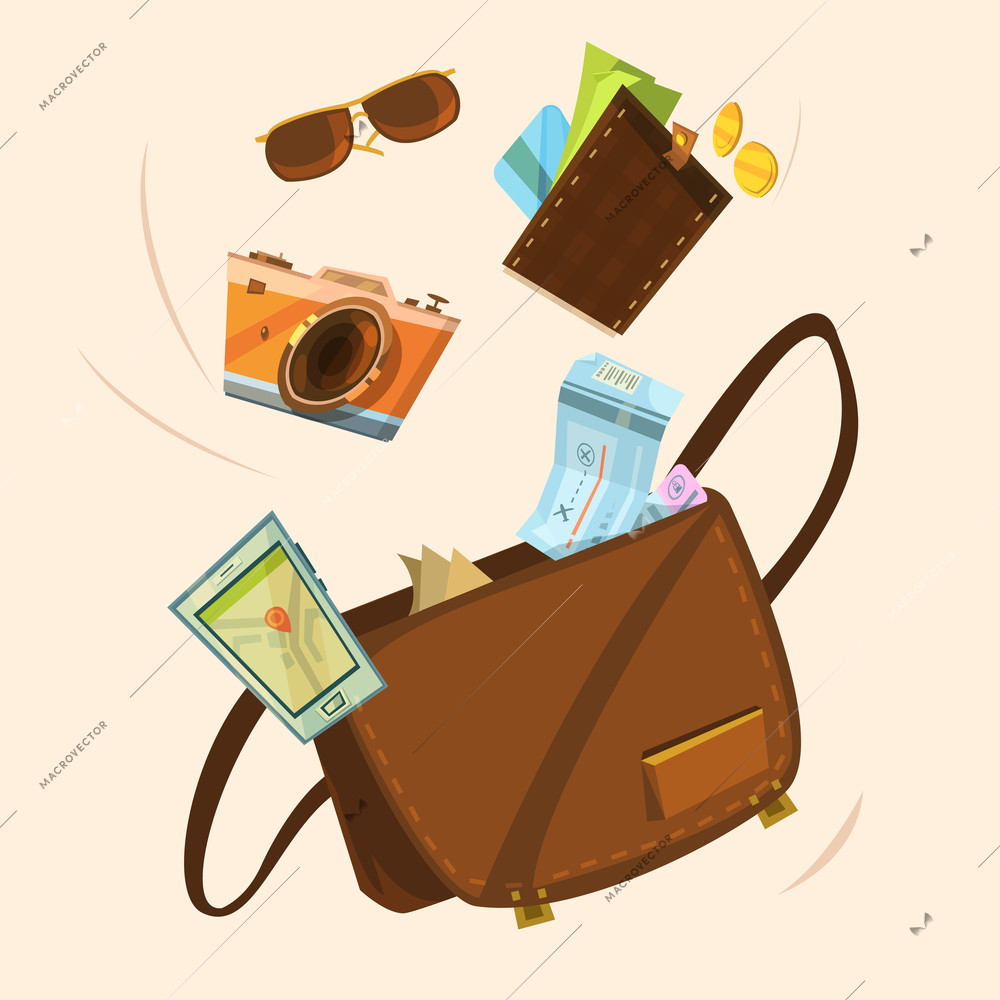 Tourist bag concept with money tickets and sunglasses cartoon vector illustration