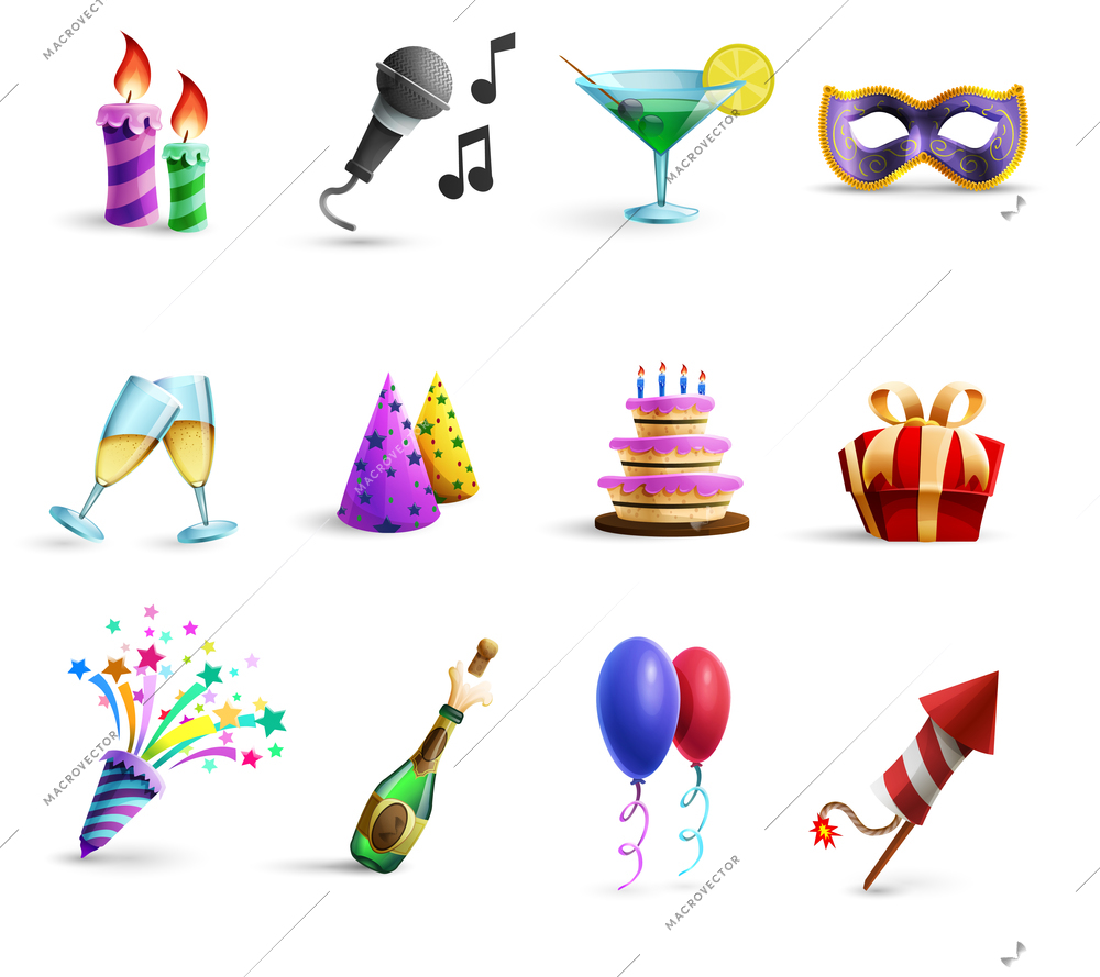 Season holidays weddings celebration and birthday parties icons set with champagne glasses and balloons abstract vector illustrations