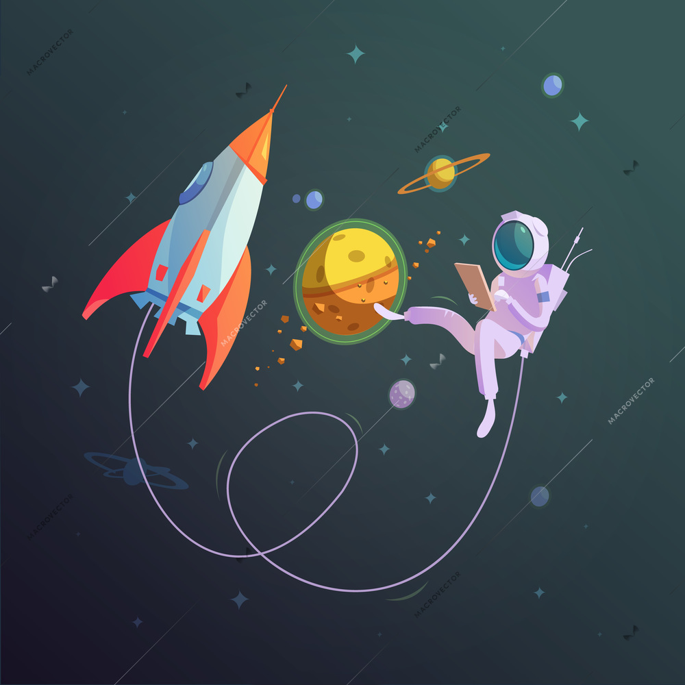 Open space background with rocket and cosmonaut in a spacesuit cartoon vector illustration