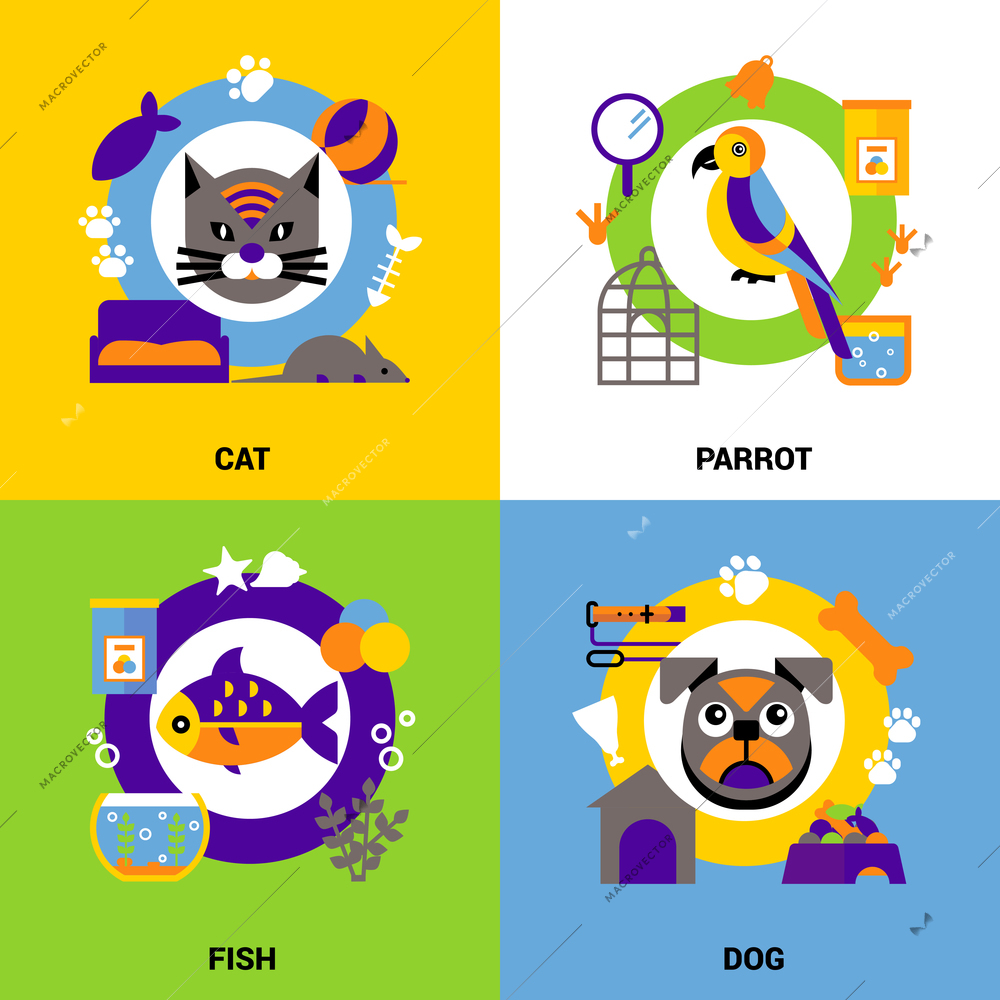 Flat veterinary design concept set of animals fish and birds decorative icons vector illustration