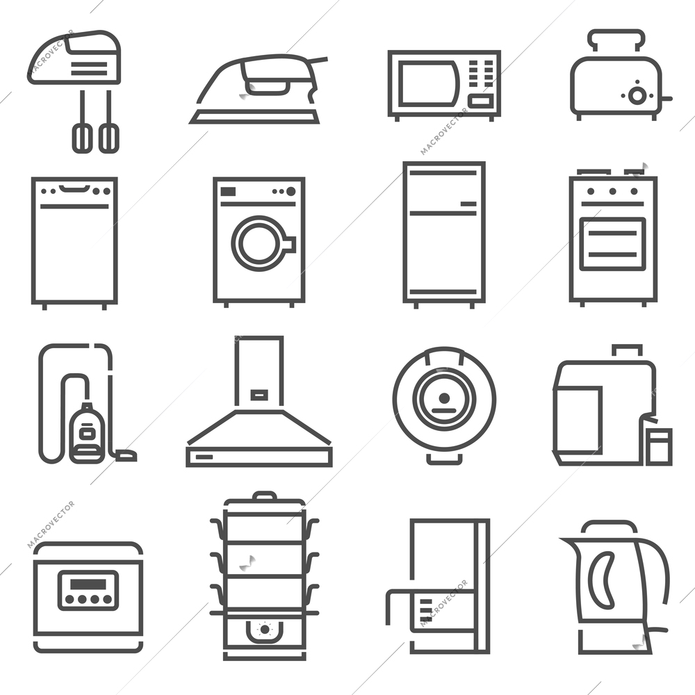 House appliances black white line icons set with washing machine and toaster flat isolated vector illustration