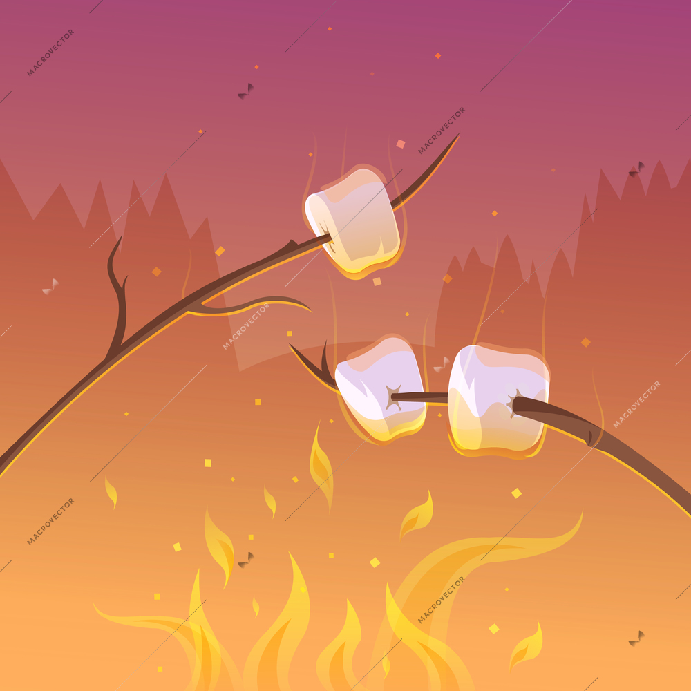 Barbecue and hiking at night cartoon background with sticks and fire vector illustration