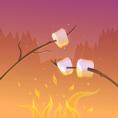 Barbecue and hiking at night cartoon background with sticks and fire vector illustration