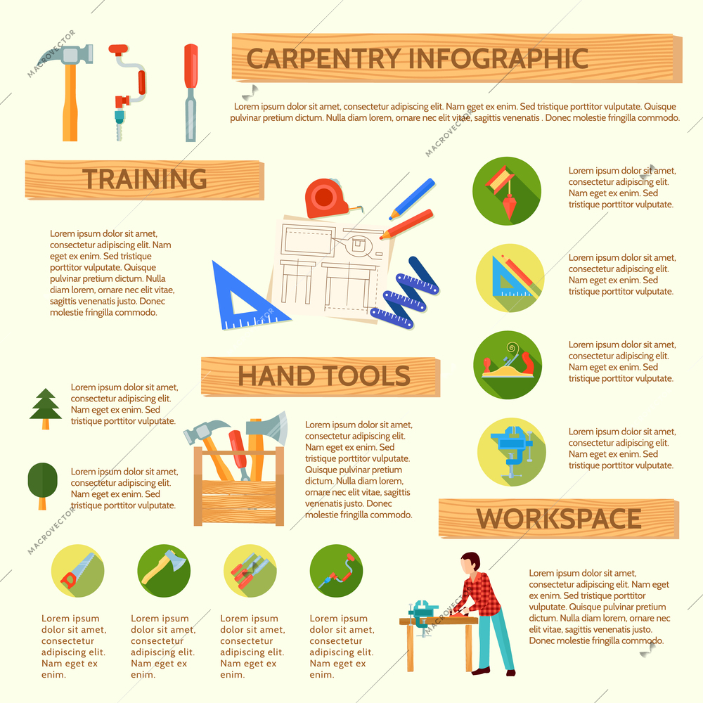 Carpentry infographic with description and application instructions for workshop tools and equipment vector illustration