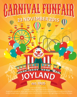 Carnival funfair promo poster with clown and party balloons vector illustration