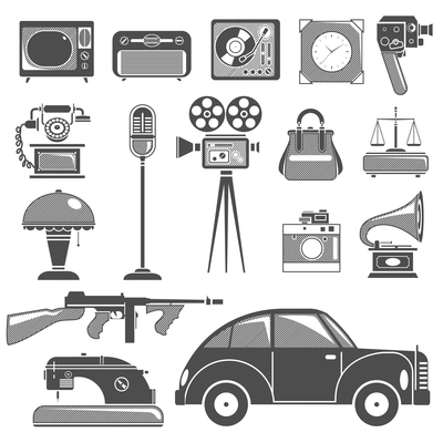 Retro black white objects set with photo and video cameras flat isolated vector illustration