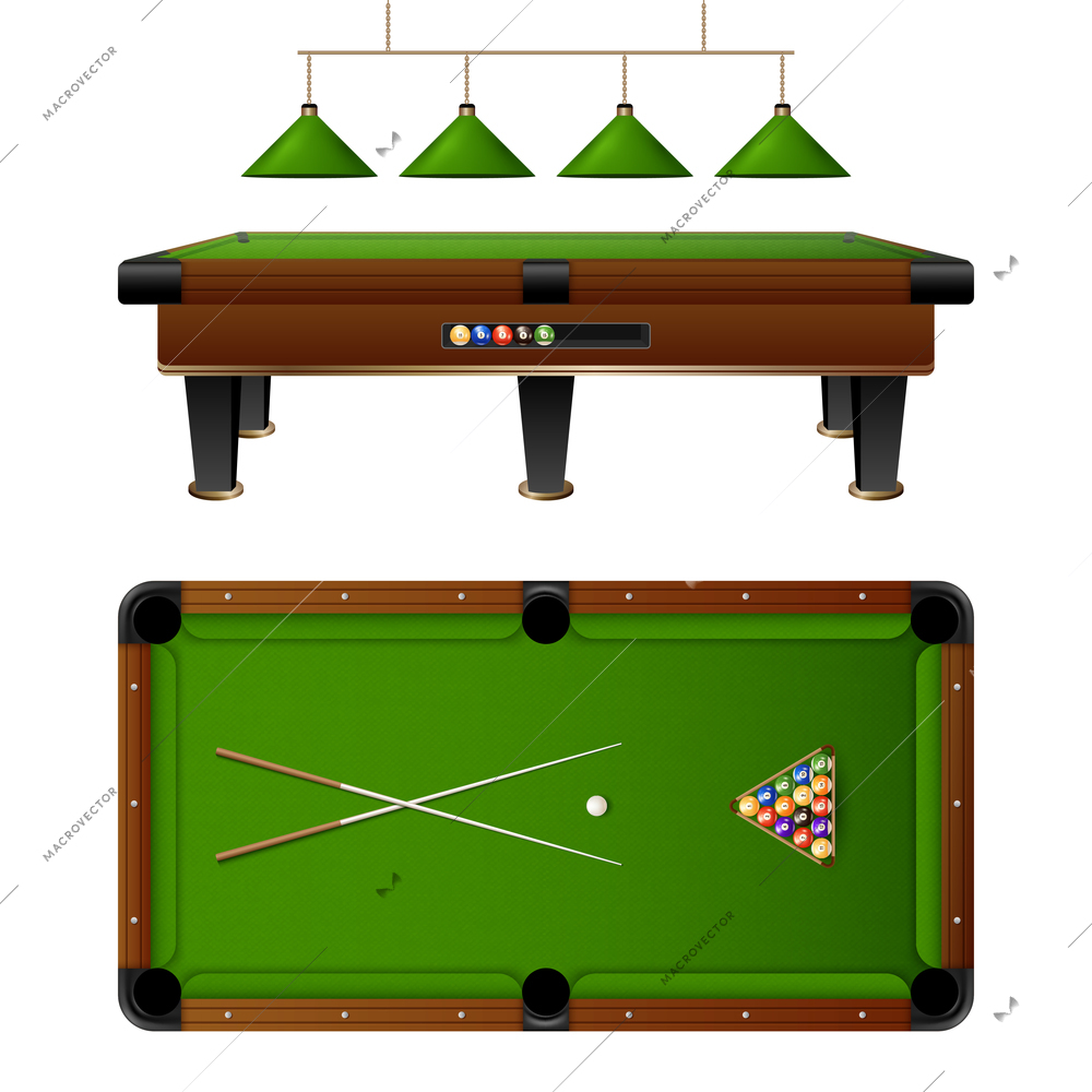 Pool Billiard table and furniture set with cue multi colored balls lamp vector illustration