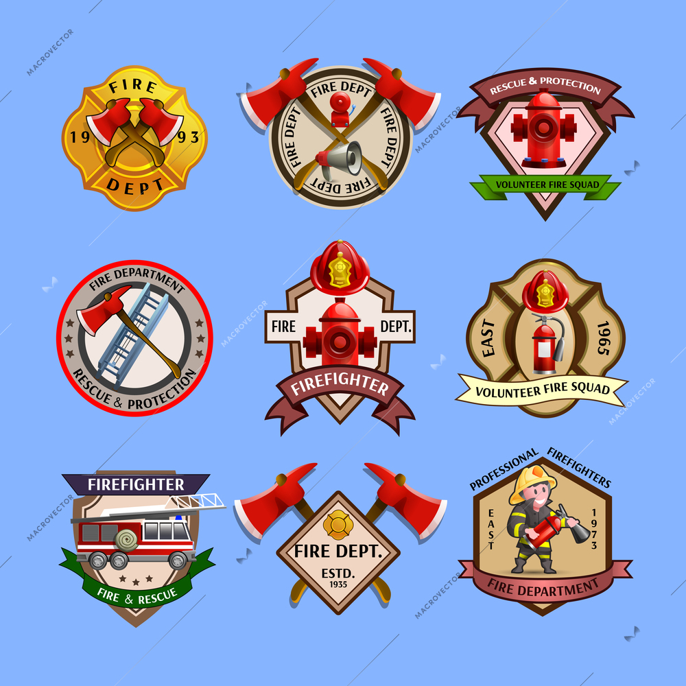Fire dept quality labels emblems and firefighters department equipment markers colorful pictograms collection abstract isolated vector illustration