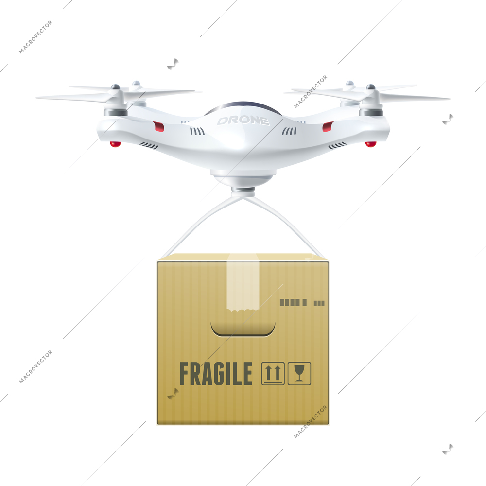 Unmanned drone with box of fragile cargo in realistic style design concept isolated vector illustration