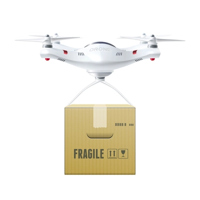 Unmanned drone with box of fragile cargo in realistic style design concept isolated vector illustration