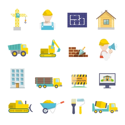 Construction vehicles facilities and building tools icons set isolated vector illustration