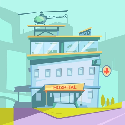 Hospital building cartoon background with helicopter lawn and road vector illustration