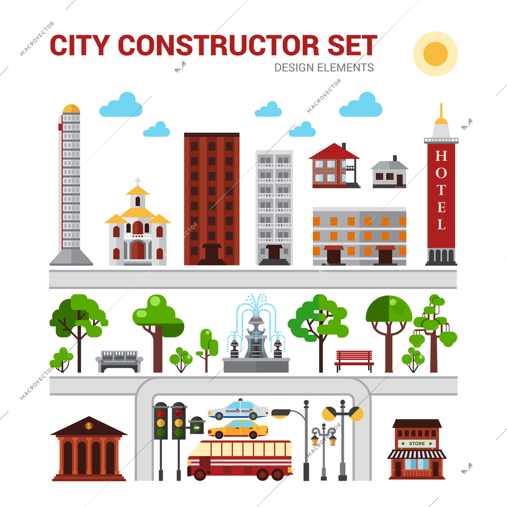 City constructor set with houses parks and urban infrastructure isolated vector illustration