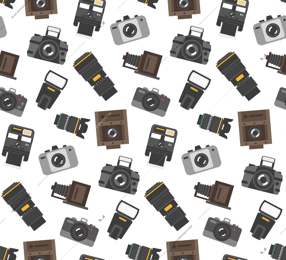 Gifts and gear for photographers wrap paper seamless pattern with modern and retro camera accessories vector illustration