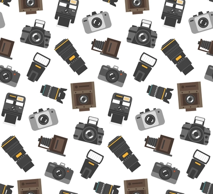 Gifts and gear for photographers wrap paper seamless pattern with modern and retro camera accessories vector illustration