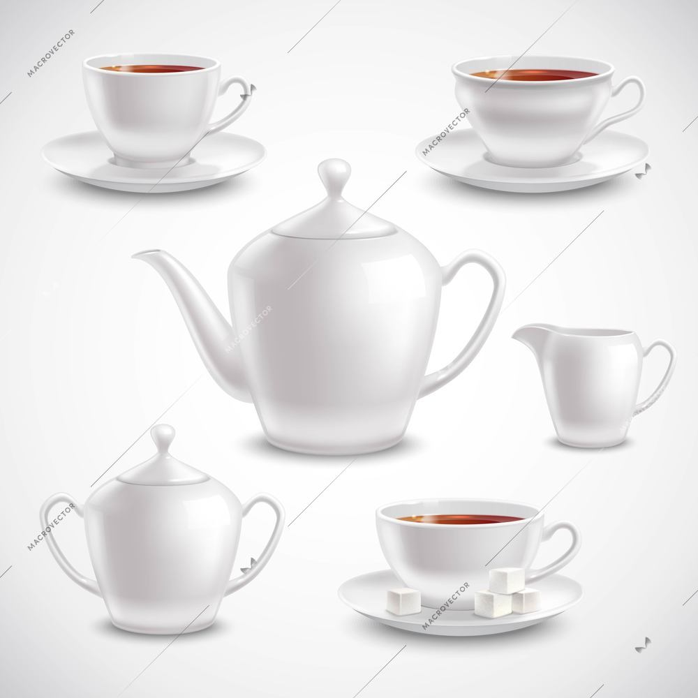 Realistic tea set with filled teacups saucers pot and sugar bowl on white background vector illustration