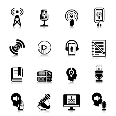 Podcast black icons for channel concept or report presentation or website isolated vector illustration