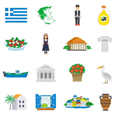 Flat icon set with main characters and typical architecture of Greece isolated vector illustration