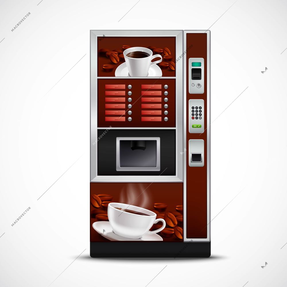 Realistic coffee vending machine with cups saucers and roasted grains on white background isolated vector illustration